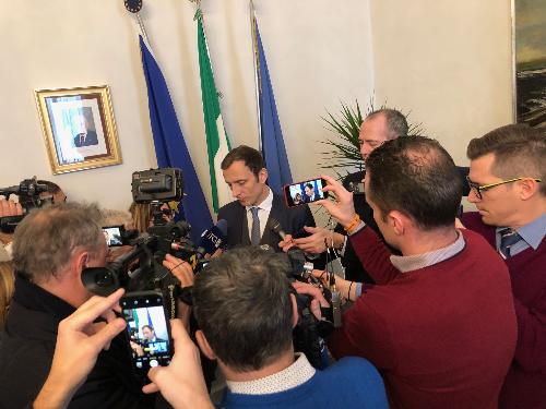 Il governatore Fvg, Massimiliano Fedriga, intervistato al termine della conferenza stampa di fine anno nel palazzo della Regione
